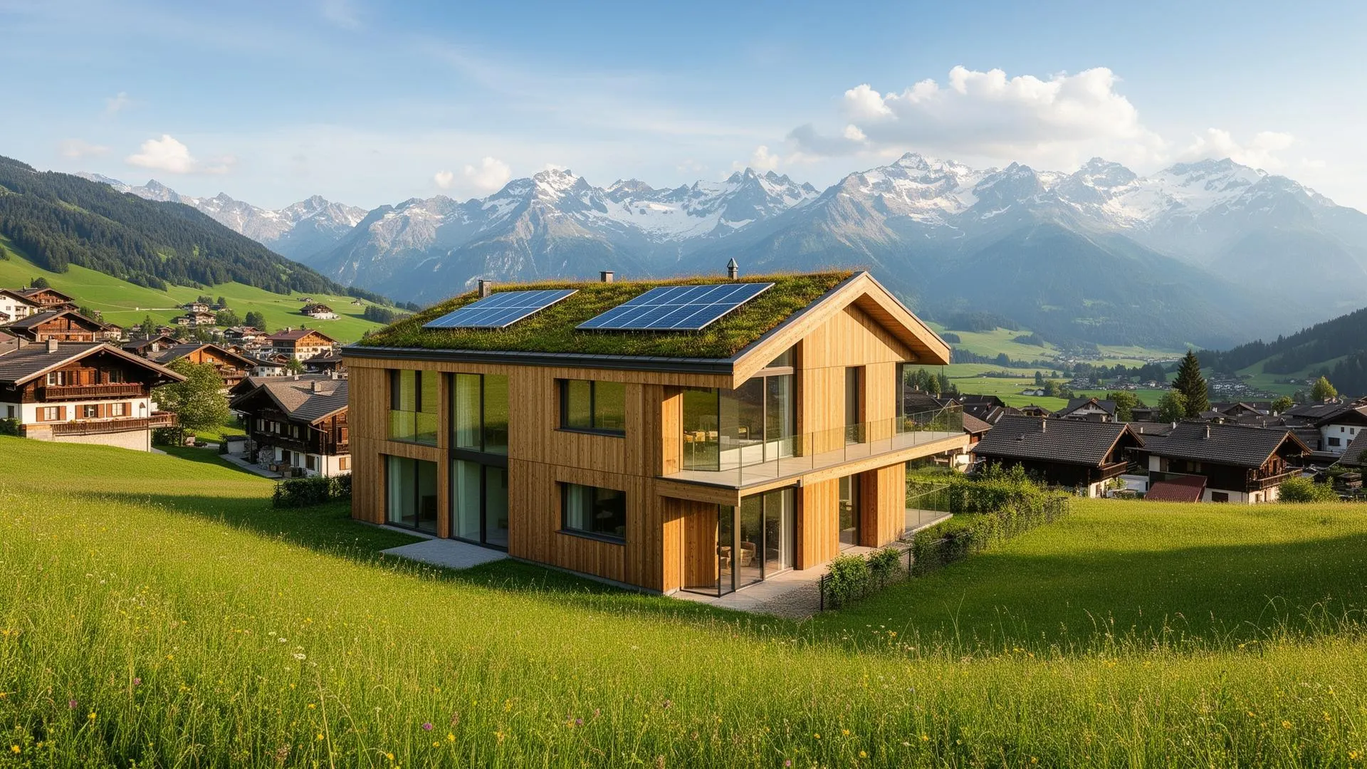 Nachhaltige Schweizer Immobilien vor Alpenpanorama